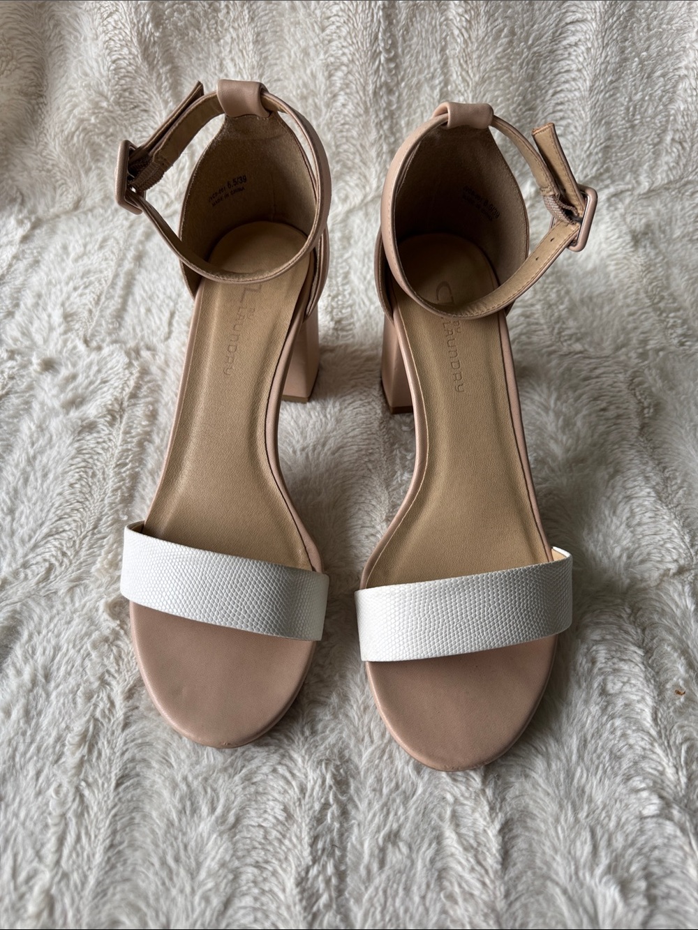 Ankle-Strap Block Heel Sandals in Nude with White Strap